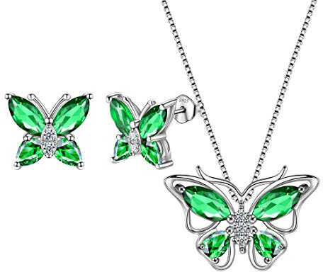 Aurora Tears Schmetterling Halskette/Ohrringe Set 925 Sterling Silber Mai Birthstone Green Emerald Jewelry Set Tiere Schmuck für Frauen und Mädchen DS0045G
