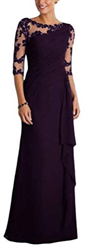 Minetom Femme Robe Élégant Robe de Soirée Manches 3/4 en Dentelle Florale Mousseline de Soie Robes Maxi de Fête Cocktail Ceremonie B Violet 42