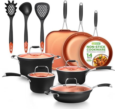 NutriChef, Stackable Pots and Pans Set - Ceramic Non Stick Pan Set, Induction Hob Cookware Set, Premium Cooking Set w/Lids, Heat Resistant, 14 Pcs, Copper