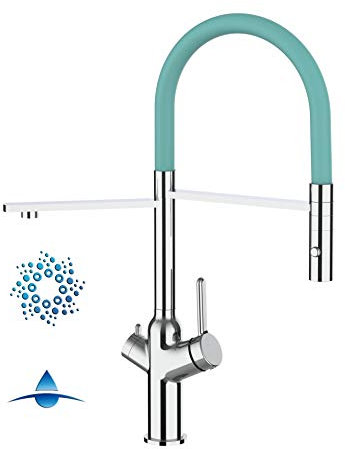 4-Wege Küchenmischer Küchenarmatur für Sprudelanlagen und Wasserfiltersysteme mit abnehmbarer 2 strahliger Handbrause - Türkis