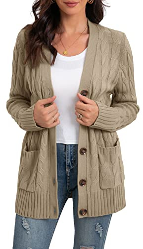 GRECERELLE Cardigan lungo da donna a maglia grossa per fidanzato maglioni cardigan con tasche donna sciolto manica lunga maglieria oversize maglione cardigan per autunno inverno primavera, C01 kaki