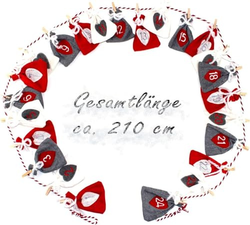 Adventskalender zum Befüllen Säckchen, 24 Tüten aus Stoff, Weihnachtskalender, genähnte Zahlen, mit Holz-Wäscheklammern + Kordel | füllen Weihnachten Kinder Männer Frauen 2025