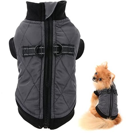 SMALLLEE_LUCKY_STORE Pet Water Resistance Zip-up Jacket Vest Coat with D-rings for Small Dogs Cats, Fleece Lined Puppy Chihuahua Yorkie Warm Winter Clothes, Grey, S