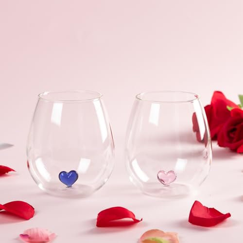 Softfree Weingläser Ohne Stiel mit Herz 2er Set, 500ML Personalisiert Graviertes Rotweingläser, Lustig Besonderes Weinglas Geschenk für Hochzeit Vatertag Verschiedene Anlässe