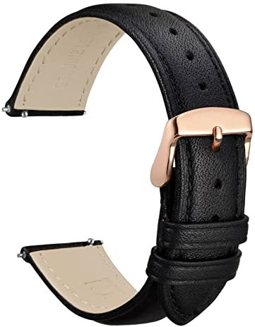 WOCCI 22mm Leather Watch Strap for Women and Men, Quick Release Band, Rose Gold Buckle (Black)