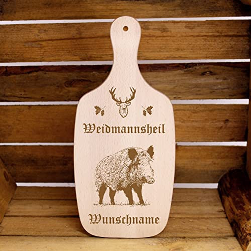 Waidmannsheil Weidmannsheil - Holzbrett Schneidebrett mit Wunschnamen Frühstücksbrett mit Gravur Wolf Hirsch Fuchs Wildschwein Geschenk für Jäger 34x15cm (Weidmannsheil Wildschwein Keiler)