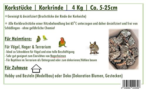 Korkstücke 4KG | Korkrinde | Ohne Chemie gereinigt und desinfiziert- Nur mit Hitze | Korkbruch 5-25cm Naturprodukt - Unikate | Ideal für Vögel (Knabberspaß), Nager, Terrarium (Einrichtung), Deko, uvm.