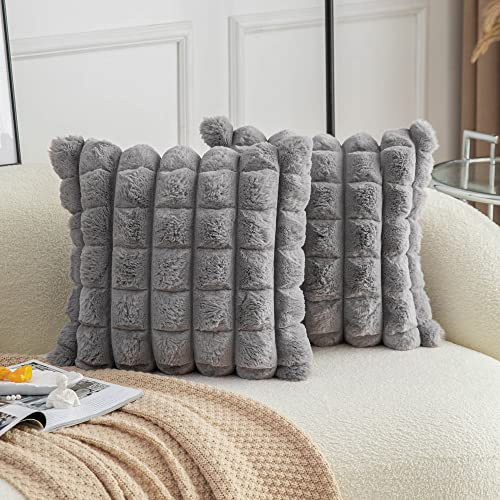 Neelvin Dunkelgrau Kunstpelz Gemütliche Weiche Kariert Dekorative Kissenbezüge 16x16 Zoll, Set aus 2, Samt Kissenbezug Kissenhülle für Sofa Couch