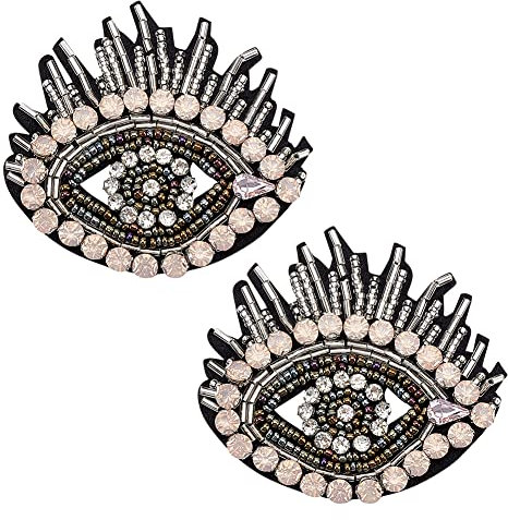 FINGERINSPIRE 2 Stück Strass Patch Mit Bösen Augen Perlenaufnäher 75x66 mm Exquisite Schwarze Stickerei Mit Tränenreichen Augen Zum Aufnähen Bling Pink Strass Applikation Für DIY Kleidung Hüte Tasche