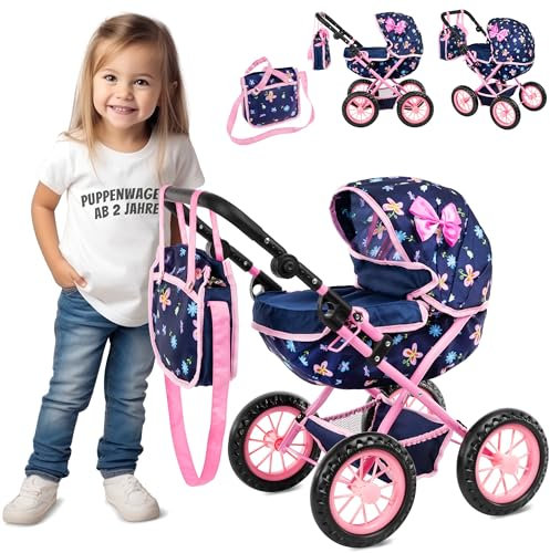 Kinderplay Puppen-Kinderwagen, tiefes faltbares Design mit verstellbarem Griff und Tasche KP0262I