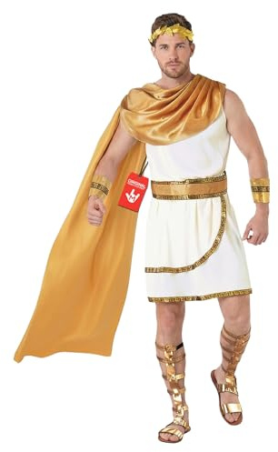 Morph Griechischer Gott Kostüm Herren, Antikes Halloween Kostüm Herren | Toga, Manschetten, Gürtel & Kopfbedeckung, Weiß-goldenes Design, Perfekt für Halloween, Ideal zum Verkleiden