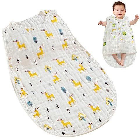 VEIYI Baby Schlafsack 100% Baumwolle Baby Anti-Kick-Schlafsack 0.5 Tog Sommer Schlafsack Musselin Babyschlafsack, Einteiliger Schlafsack für Neugeborene und Kinder Mädchen Jungen - Hirsch, M
