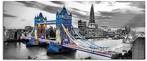 Pixxprint Glasbild Panorama, Wandbild aus Echtglas, Beleuchtete Tower Bridge am Abend B&W Detail, 100x40 cm, inkl. Aufhängung und Abstandshalter