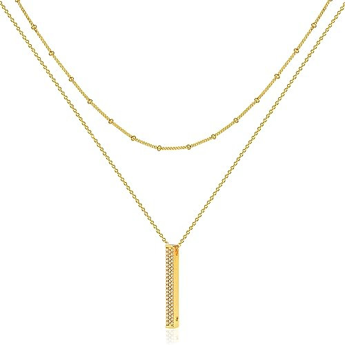 Jenosy Kette Layered Damen Kette Säulen Gold Personalisierte Säulenkette Damen Zarte Halskette mit Bar Anhänger Damen Hypoallergene 18K Vergoldete Kette Damen Modeschmuck für Frauen und Mädchen