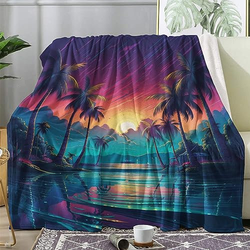 Kuscheldecke Flauschig Sonnenuntergang, Große Decke Fleecedecke 220x240 Tropische Landschaft, Flanell Sofadecke Blanket XXL, Wohndecke Schlafdecke Winter Warm Weich, Deko Decken für Couch Bed