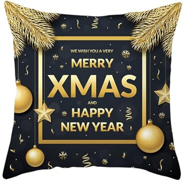 Epinki Kissenbezüge Weihnachten 50x50cm, Weihnachtskugel Motiv Kissenhüllen Polyester Weich Bequem, Quadratische Kissenhülle für Zuhause und Sofa, Schlafzimmer Dekoration, Schwarz Gold