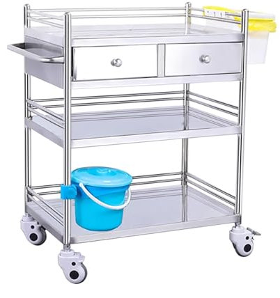 Edelstahl Servierwagen, Labor-Rollwagen mit 3 Regalen, handelsüblicher Metallwagen mit zwei Schubladen, mobiler Klinik-Laborwagen, für Krankenhäuser, Kliniken, Spas, Schönheitssalons ( Size : 60*40*86