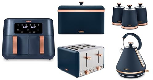 Tower Cavaletto Midnight Blue & Rose Gold Pyramid Kettle, 4 Slice Toaster, 8.5L Vortx Dual Basket Digital Air Fryer, Bread Bin & Canisters. Matching Kitchen Set of 7 in Midnight Blue & Rose Gold