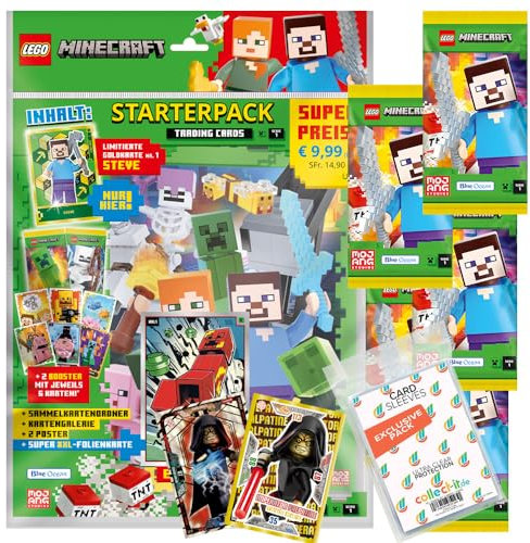 Bundle mit Lego Minecraft Serie 1 Trading Cards - 1 Starter + 5 Booster + Exklusive Collect-it Hüllen
