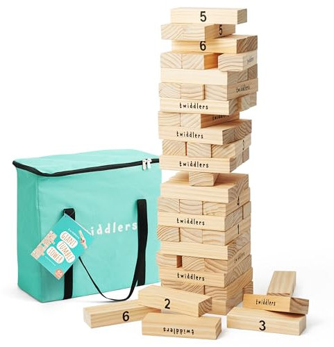 THE TWIDDLERS - Juego de jardín de Torre giratoria Grande, 64 Bloques de Madera de Primera Calidad, se apilan hasta 1,2 m de Altura - Juguetes de construcción Divertidos para niños y Adultos