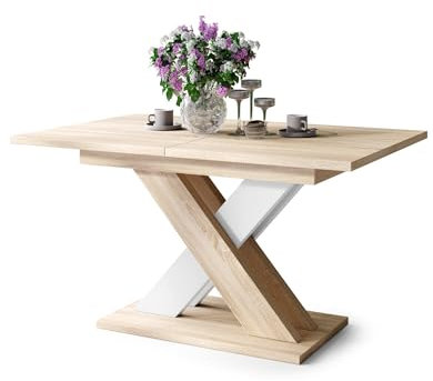 All4All Couchtisch Katris - Wohnzimmertisch - Kaffeetisch – Tisch mit X-Bein – ausziehbar – Esszimmertisch - Coffee Table - 140x90cm - Sonoma Eiche + Weiß
