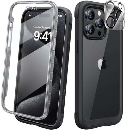 Diaclara for iPhone 15 Pro Case, Full Body Rugged Case with Built-in Touch Sensitive Anti-Scratch Screen Protector + Glass Camera Lens Protector for iPhone 15 Pro 6.1 (Black)