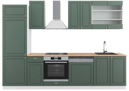 Vicco Küchenzeile Fame-Line, Grün-Gold Landhaus/Weiß, 300 cm | 8 Module · Höhenverstellbare Füße · Arbeitsplatte Eiche · MDF-Fronten · Softclose · Metallgriffe