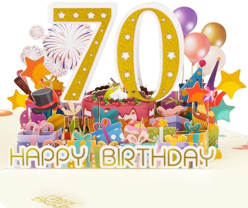 Magic Ants 70. Geburtstag Pop-up Geburtstagskarte 3D Effekt mit goldener Zahl 70, Ballons, Feuerwerk, Geschenke, 70. Geburtstagskarte für Männer, Frauen mit Umschlag und leerer Notizkarte