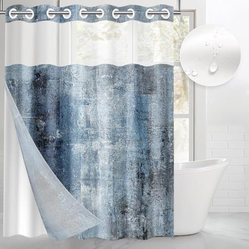 Nesphy Cortina de ducha con forro a presión, color gris y azul marino, tela impermeable abstracta de doble capa con ventana superior transparente, cortina de baño con ojales abiertos, 71 x 74 pulgadas