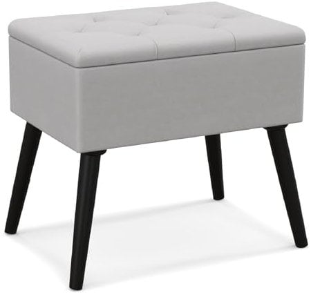 COSTWAY Flip Top Velvet Footstool, Modern Upholstered Dressing Vanity Stool Seat with Solid Wood Legs, Pouffe Storage Ottoman Footrest for Bedroom, Living Room and Hallway (Grey)
