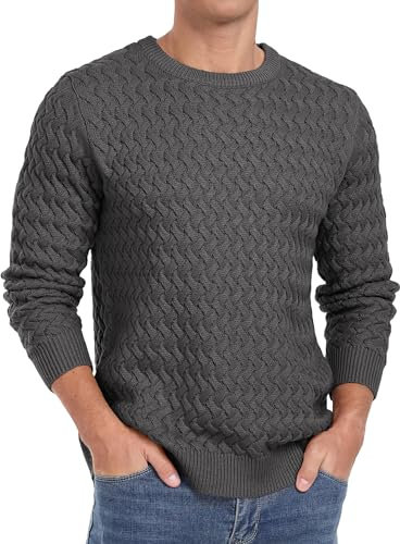 QIXING Men's Jumper Crew Neck Cable Knit Jumpers for Men UK Long Sleeve Casual Twist Patterned Pullover Sweater (Dark Gray, L)