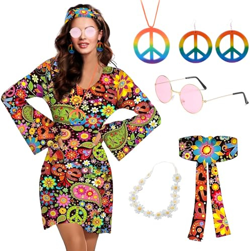 RoserRose 70er Jahre Kleid Damen Hippie Kostüm Hippie Kostüm Damen mit Hippie Brille Haarband Blumenkranz Ohrringe für Karneval Halloween Party (Bunt A, XXL)