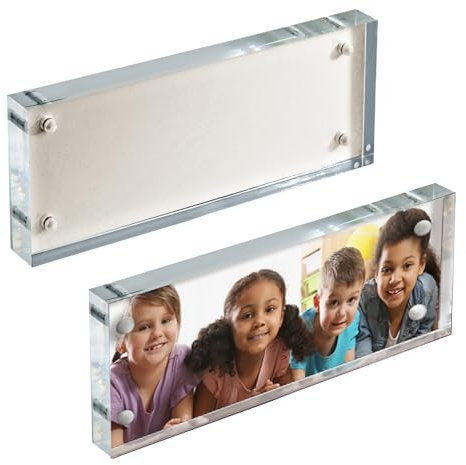 Azar Displays 104662-WHT-2PK - Bloque de marco acrílico blanco con placa trasera de metal, 3 x 8 pulgadas, paquete de 2, color blanco