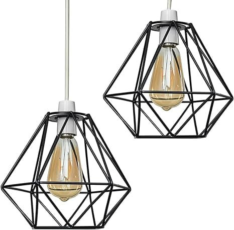 2 Pack of Black Retro Style Metal Basket Bird Cage Geometric Ceiling Pendant Light Shades, Open Wire Frame Vintage Bulb Guards for Kitchen, Living Room, Free Reducer Ring (2 Pack - Black)