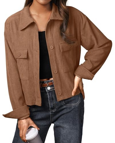 IWOLLENCE Cordjacke Damen Hemdjacke Damen Cordhemd Damen Kurzjacke Langarm Revers Button-Down Shacket Mantel (Braun, M)