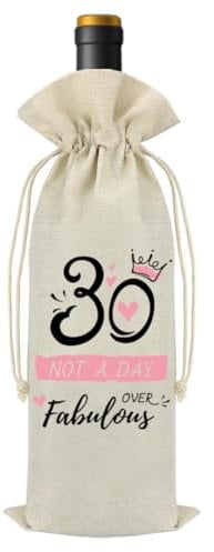 30th Birthday Gift for Women,Reusable Linen Jute Wine Bottle Bag with Drawstring,“30 and Fabulous” Design,Decorative Eco,Friendly Gift Wrap,Perfect Birthday Present for Her or Friend