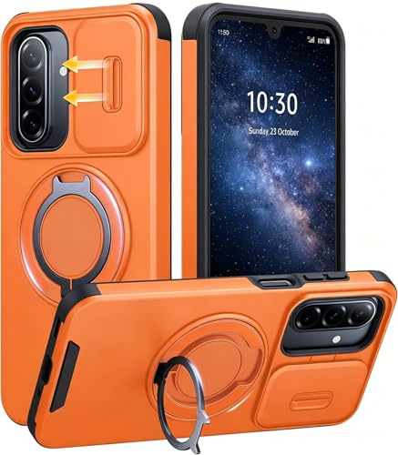 BAFUGU Hülle für Samsung Galaxy A16 5G Handyhülle Robuste Stoßfeste Schutzhülle mit Schiebbarer Kameraschutz und 360 Grad Ring Stand Militär Stoßfeste Anti Kratzer Silikon Schutzhülle-Orange