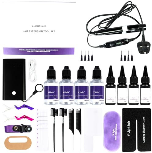 V Light Hair Extensions Kit,V Light Hair Extension Machine set, UV Light, v light hair extensions glue*4, Glue Remover Solution* 4, v light hair extensions clip*2,V-Light Glue Comb * 2
