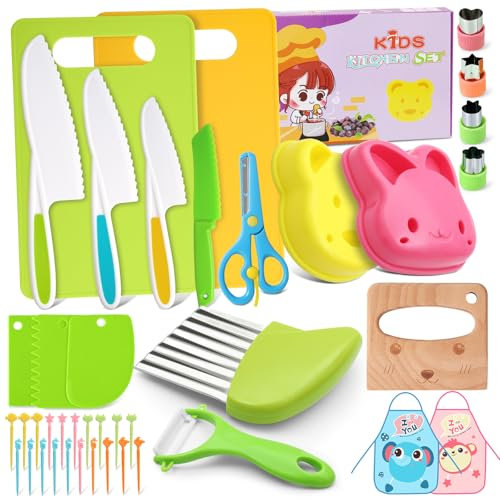 Wusboo 42 Teiliges Kindermesser, Kinder Sicherheit Küchenmesser Set, Messer mit Gemüse Ausstechformen, Holzmesser, Schneidebrett, Kinder Kochset zum Schneiden, Montessori Messer für ab 2 Jahren