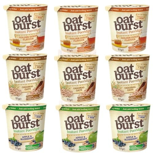 Oatburst Instant Porridge Variety Pack, Original, Golden Syrup, Apple & Blueberry, 57g Pots, Pack of 9