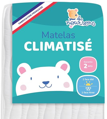 LES NOURSONS - Matelas Bébé Climatisé 60x120 cm- Réversible - 1 Face Été fraîche / 1 Face Hiver ouatinée - OekoTex® - Fabrication Française