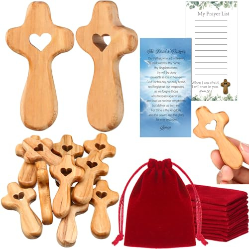 Bucherry 10 Set Olive Wood Cross with Bag & Prayer Card, Wood, 2.36 Inches