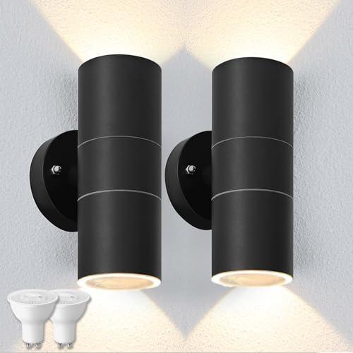 Mizlay 2 Stück Wandleuchten Außen/Innen mit 2x 5W GU10 Lampen Warmweiß,Up Down Leuchte Aussen,Edelstahl Wandleuchte Wasserdichte IP44,Wandlampe Downlight für Eingang Terrasse, Schwarz