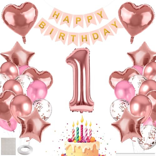 MIEWAA Ballon Decoration Anniversaire Set 1 an Rose avec Banderole HAPPY BIRTHDAY Confettis Latex Film Aluminium Ballons Décoration Fête Convient aux Fille Enfant