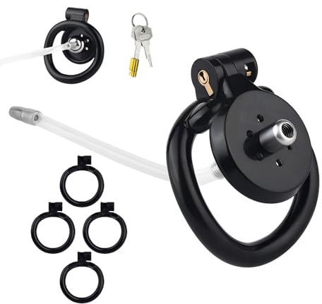 Flat Keuschheitskäfig mit Katheter Peniskäfig mit 4 Gebogenen Ringen Sexspielzeug Cock Cage mit Schloss für die Penisfesselung des Mannes Leichter und Atmungsaktiver Inverted Chastity Cage (Black)