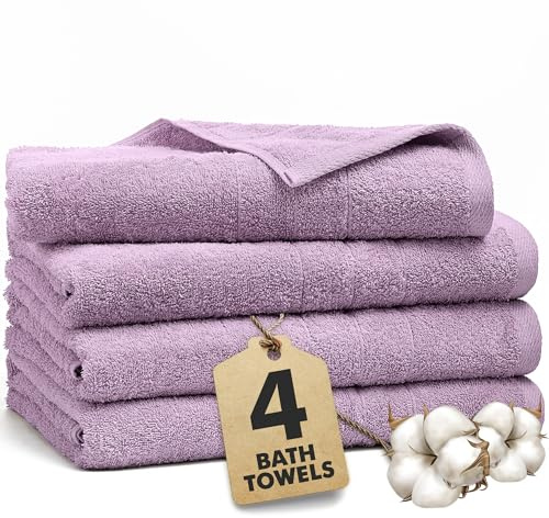 Novo Home Bath Towels Set of 4 – 550 GSM 100% Cotton Lilac Extra Large Towels for Bathroom, Spa Use (70x140 cm) – Super Soft and Quick Dry Large Bath Sheets for Adults