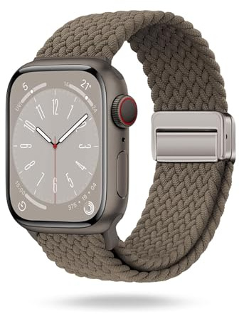 ONEFLOW Casual Loop Kompatibel mit Apple Watch 9 (45mm) Geflochtenes Armband Elastisch, Textil iWatch Armbänder Damen Herren, Sport Nylon Stoff Band Verschluss Magnetisch, Taupe