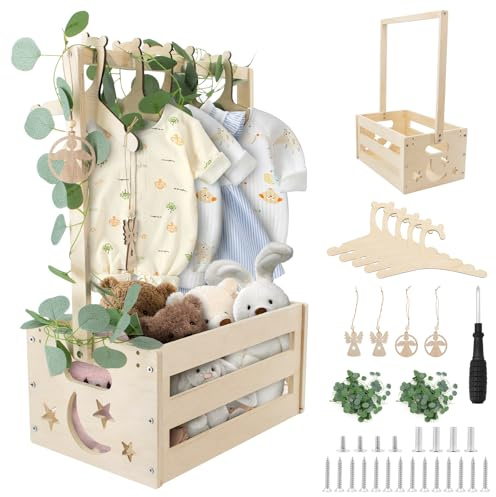 ZOCONE Holz-Baby-Shower-Kistenschrank, Babykorb aus Holz mit Aufhängern, dekorative Blätter, Etiketten, Duschkistenschrank für Neugeborene für frischgebackene Eltern, Schwangerschaft, Kisten für Babys