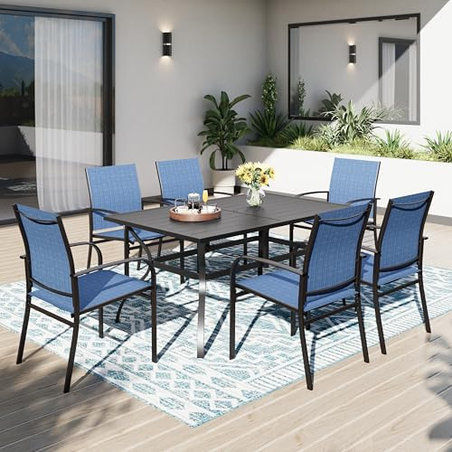 PHI VILLA Gartentisch mit 6 Stühle Gartenmöbel mit 6 Blau Textilene Stühle | 6 Textilene Stühlen, Rostgeschütztem Stahlrahmen, Tisch mit 4-5cm Schirmloch, Gartenmöbel für Terrasse, Deck, Hof, Bistro