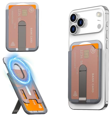 GONSIFACHA Tarjetero Magnético Transparente con Soporte, Cartera Compatible con MagSafe para Móvil, Porta Tarjetas Delgado con Fuerte Imán, Compatible con iPhone 17 16 15 14 y Android